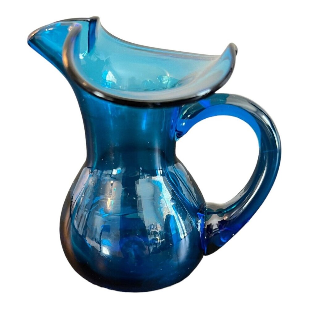 Vintage Handblown Blue Glass Pitcher With Ruffled Rim and Handle 4 1/4” Tall